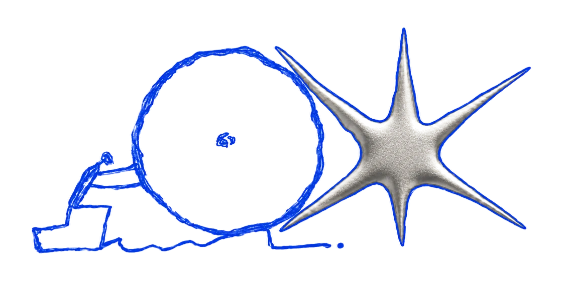 Figure pushing a boulder beside a star